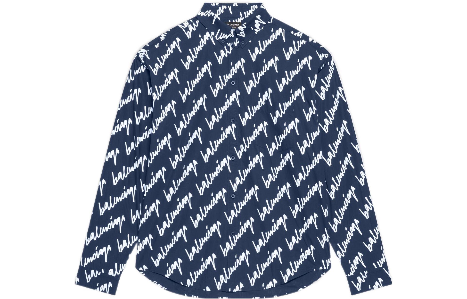 Balenciaga SS22  Blue Logo Print Button-Up Long Sleeve Shirt 662983TLLJ48502