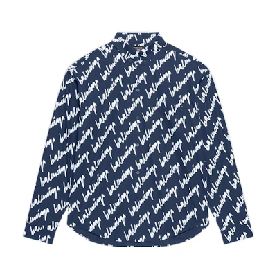 Balenciaga SS22 Blue Logo Print Button-Up Long Sleeve Shirt 662983TLLJ48502
