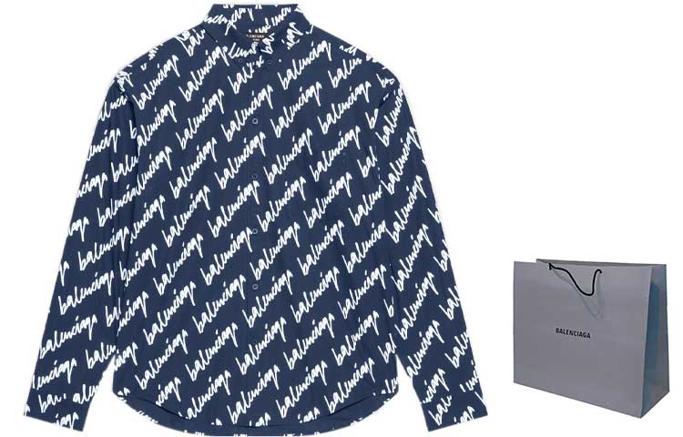 Shop バレンシアガ SS22 ブルーロゴプリント 長袖ボタンアップシャツ 662983TLLJ48502