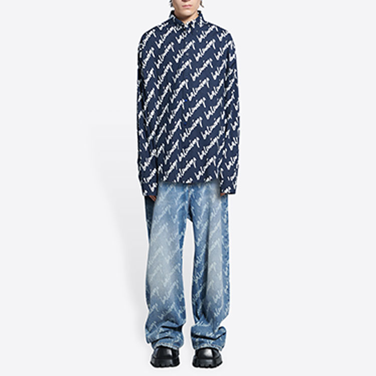 Purchase バレンシアガ SS22 ブルーロゴプリント 長袖ボタンアップシャツ 662983TLLJ48502