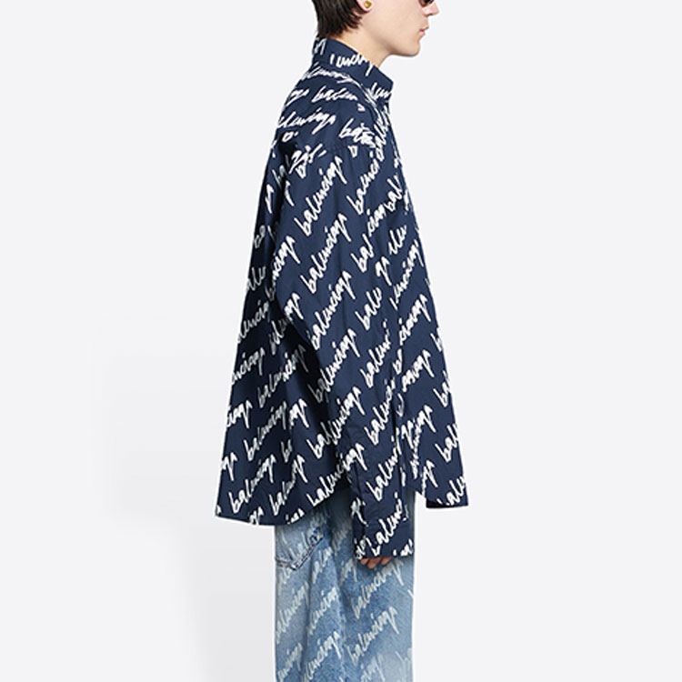 Cheap バレンシアガ SS22 ブルーロゴプリント 長袖ボタンアップシャツ 662983TLLJ48502