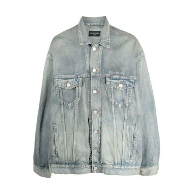 Balenciaga SS22 Blue Logo Print Casual Denim Jacket Regular Fit. 725034TNW553221