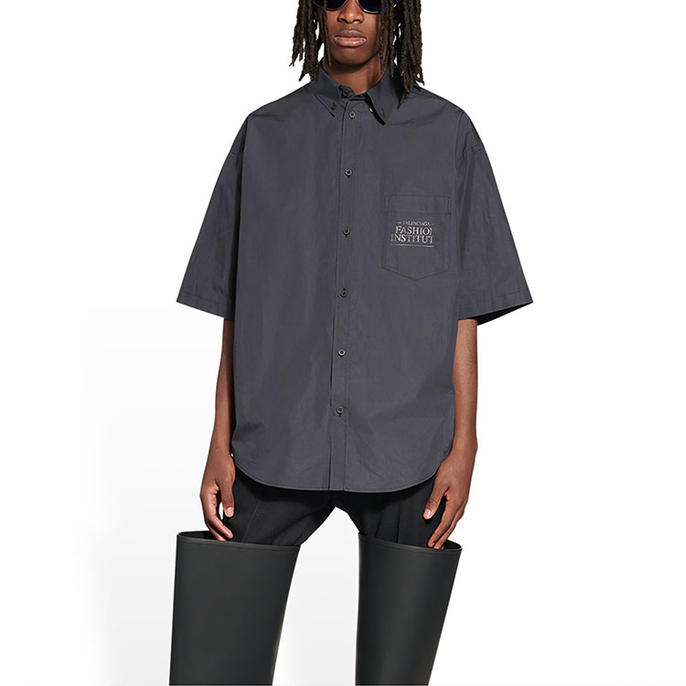 Shop Balenciaga SS22  Dark Gray Letter Print Short Sleeve Shirt Regular Fit 703846TYB181270