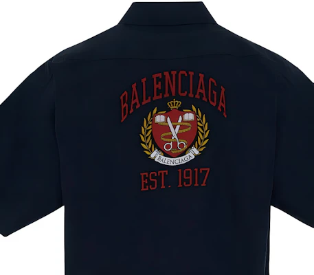 Balenciaga SS22 Kemeja Lengan Pendek Navy Logo Bordir Regular Fit 675643TYB184100 1