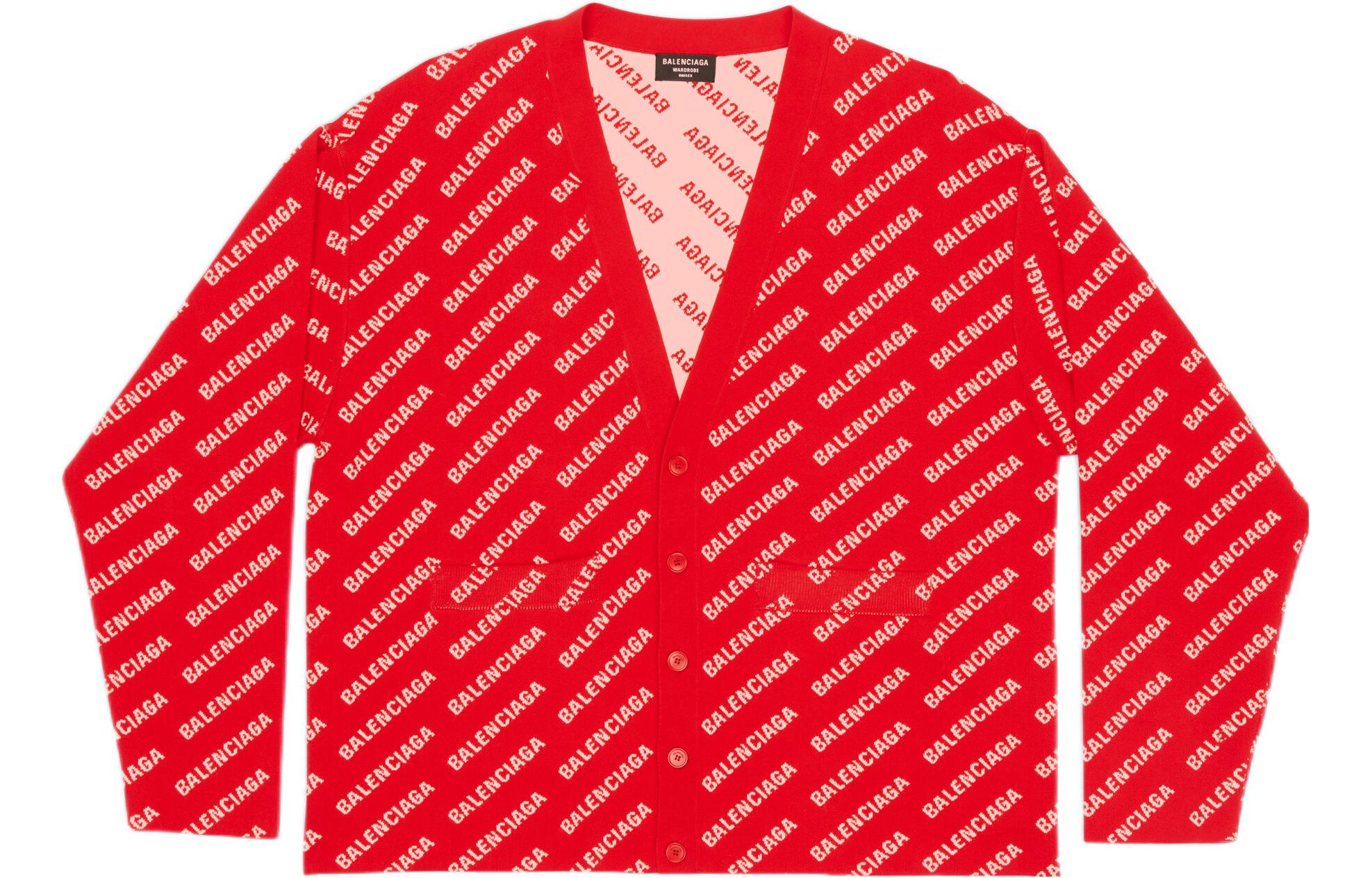 Balenciaga SS22  Oversized Red Knit Sweater with Mini Logo Pattern. 699822T32336090