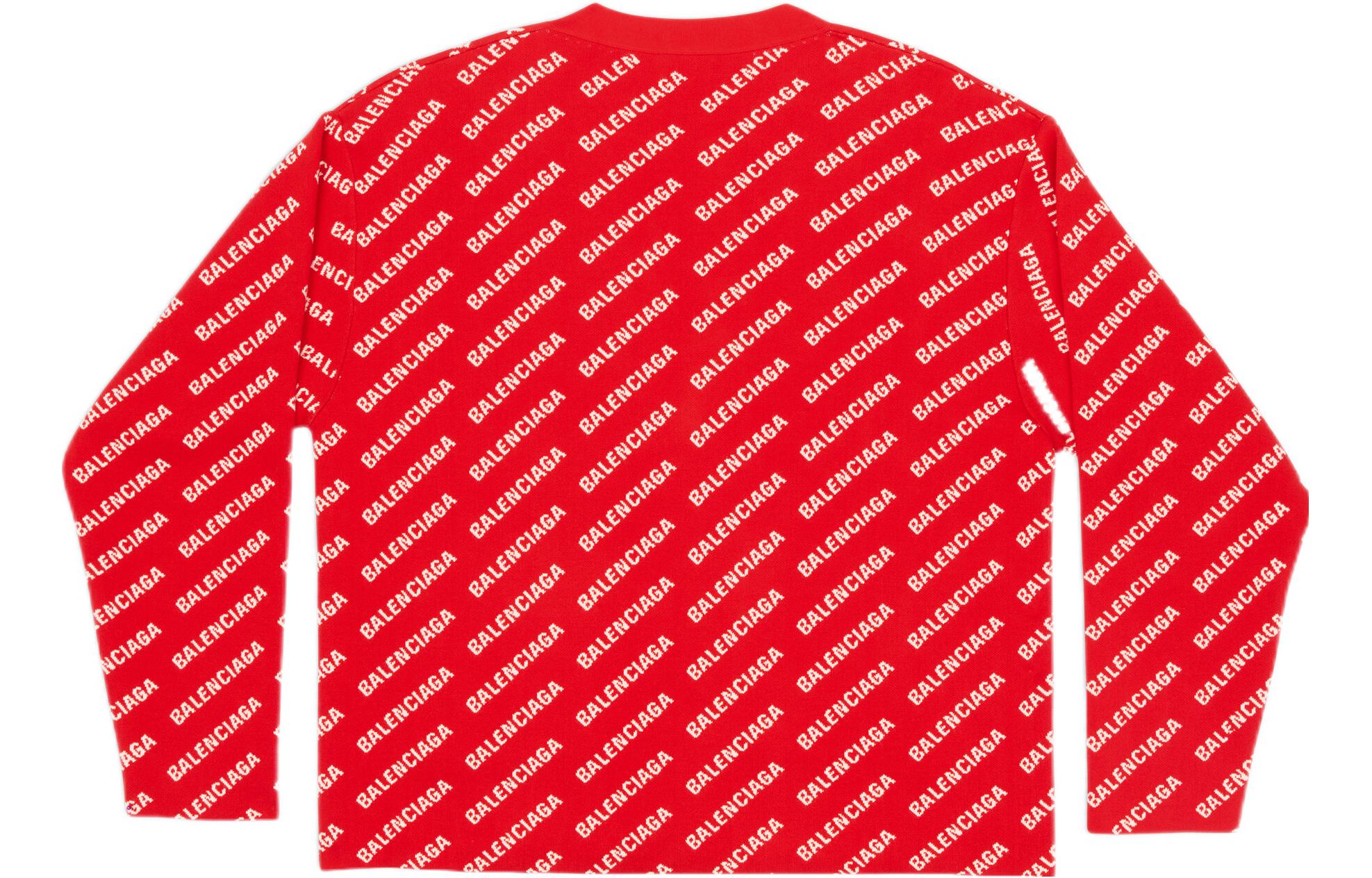 Lookbook Balenciaga SS22 Baju Sejuk Rajut Merah Oversized dengan Corak Logo Mini. 699822T32336090