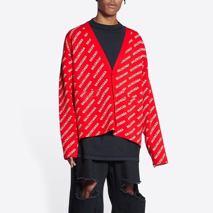 Purchase Balenciaga SS22 Baju Sejuk Rajut Merah Oversized dengan Corak Logo Mini. 699822T32336090