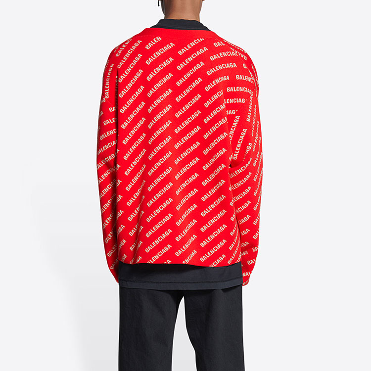 Details for Balenciaga SS22 Baju Sejuk Rajut Merah Oversized dengan Corak Logo Mini. 699822T32336090