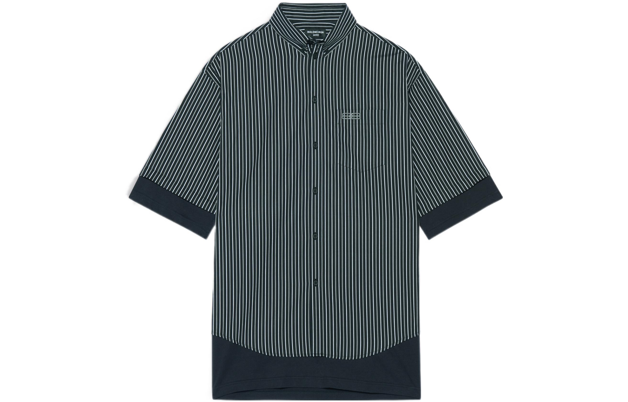 Balenciaga SS22  Striped Poplin Short Sleeve Shirt Black. 690394TJM191269