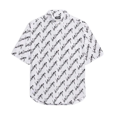 Balenciaga SS22 White Letter Print Short Sleeve Button-Up Shirt Regular Fit 681702TLLJ49040