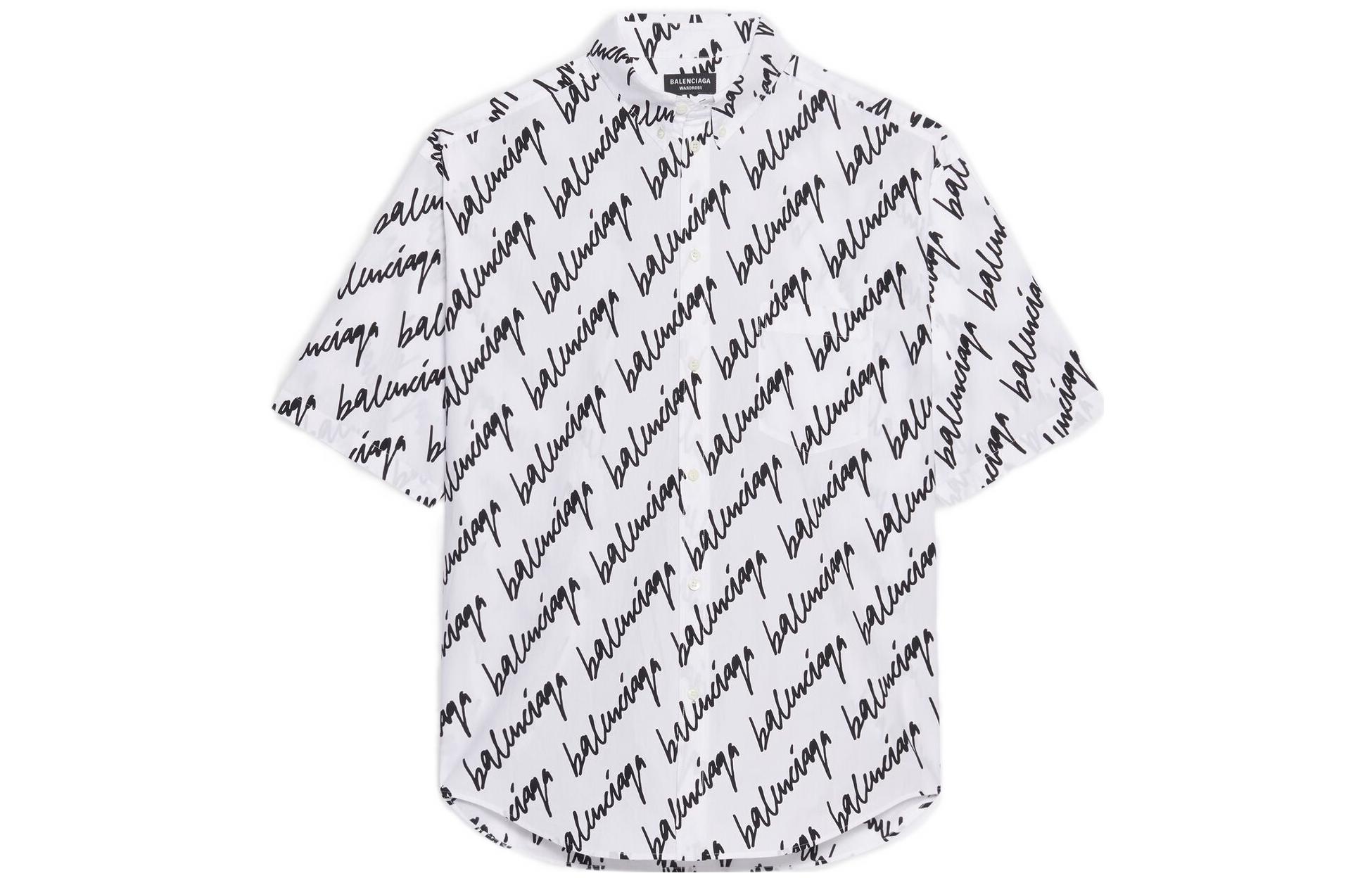 Order Balenciaga SS22  White Letter Print Short Sleeve Button-Up Shirt Regular Fit 681702TLLJ49040