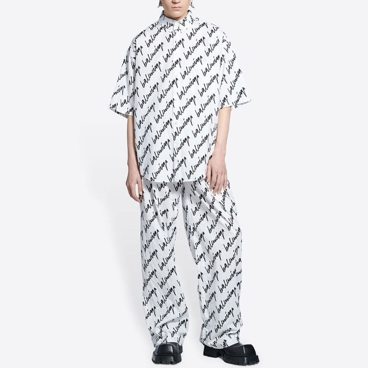 Shop Balenciaga SS22  White Letter Print Short Sleeve Button-Up Shirt Regular Fit 681702TLLJ49040