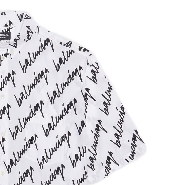 Cheap Balenciaga SS22  White Letter Print Short Sleeve Button-Up Shirt Regular Fit 681702TLLJ49040