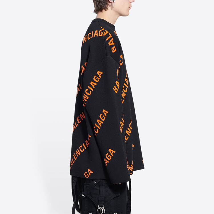 Sizing バレンシアガ SS22 オールオーバーロゴ クルーネックプルオーバーセーターブラック 657401T32001018