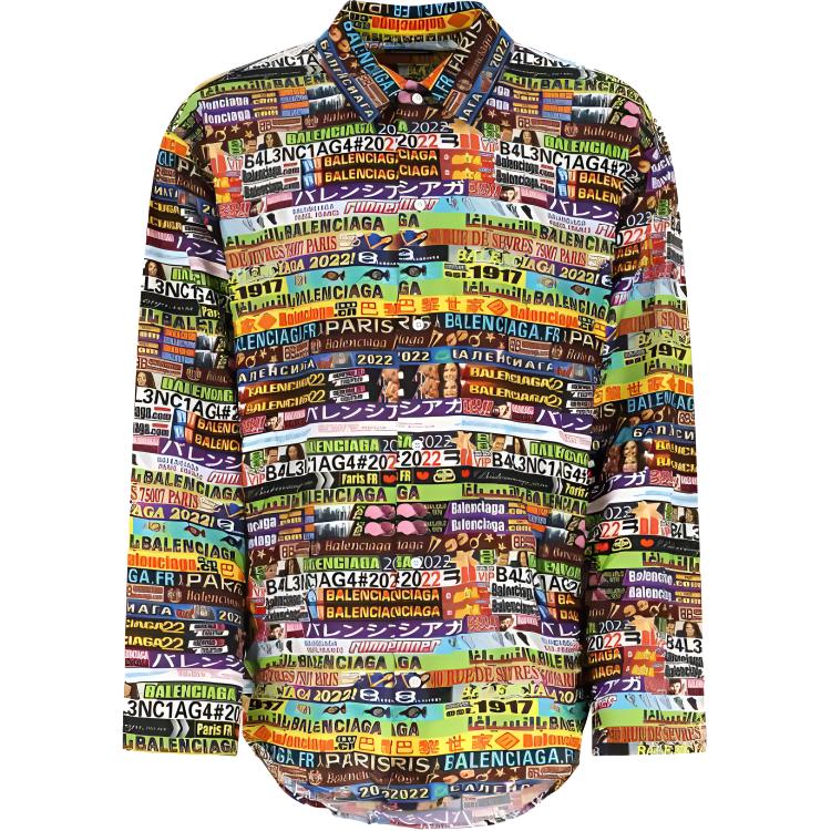 Balenciaga SS22 Allover Logo Button-Up Long Sleeve Shirt Multicolor . 681812TML178470