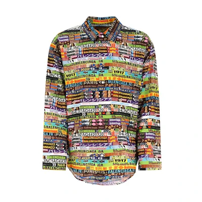 Balenciaga SS22 Allover Logo Button-Up Long Sleeve Shirt Multicolor . 681812TML178470