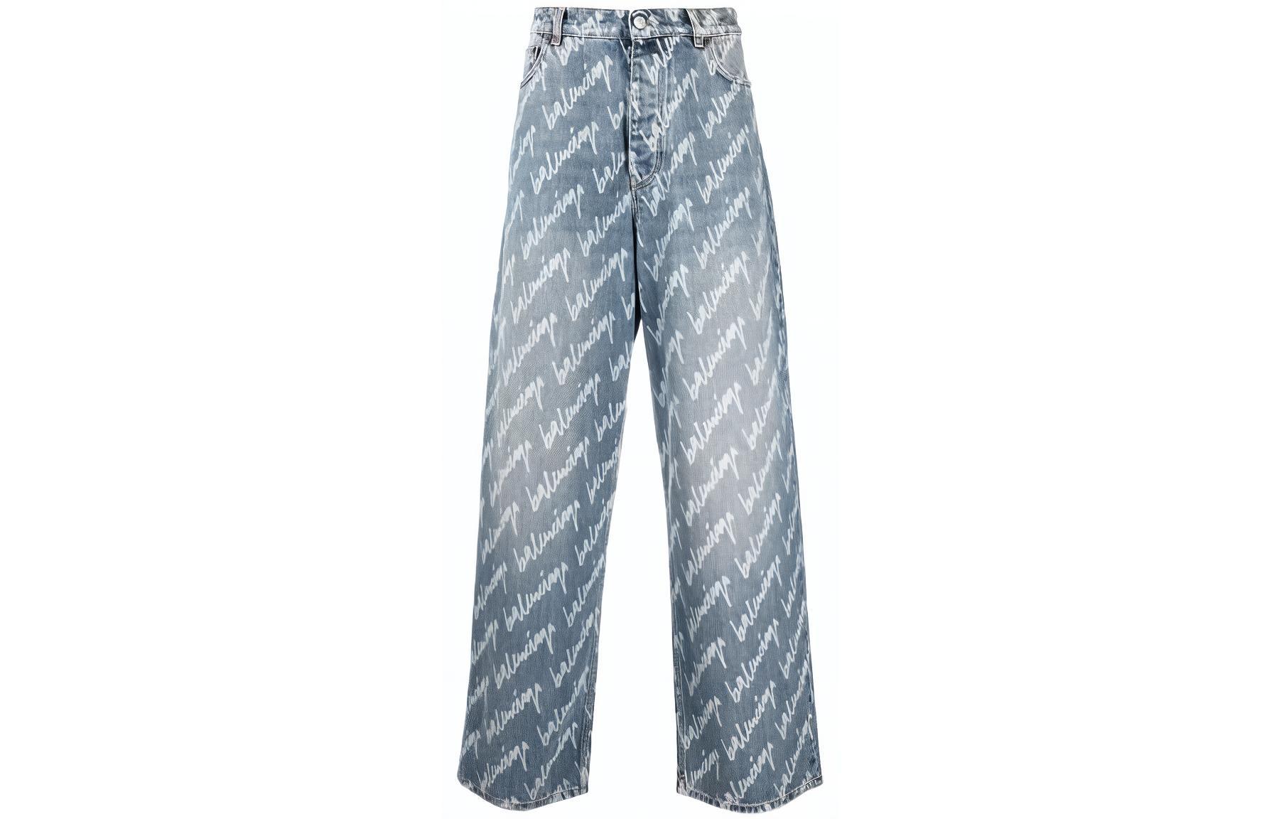 Balenciaga SS22 Blue Logo Print Button Straight-Leg Jeans for Men. 675230TJW904200