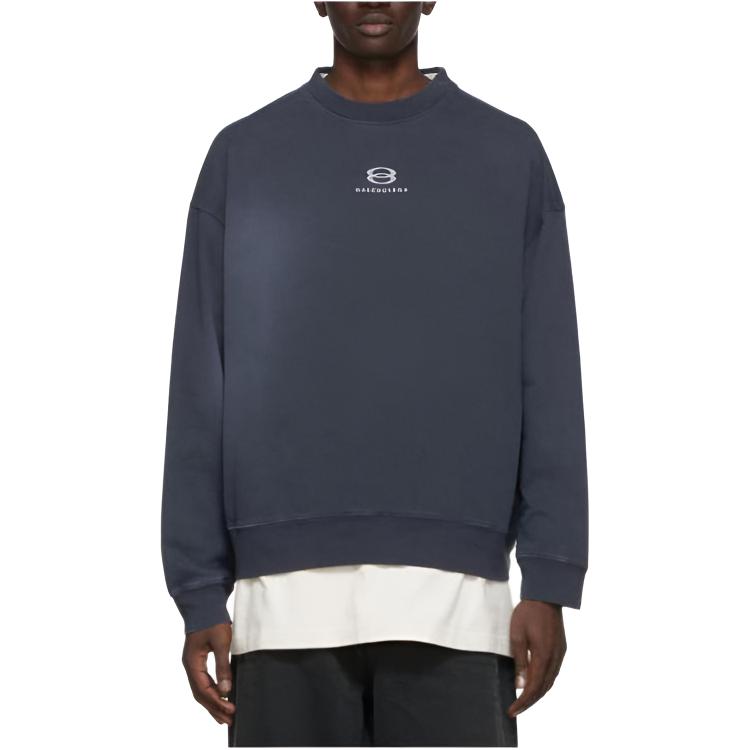 Balenciaga SS22 Blue Washed Logo Embroidered Pullover Sweatshirt Mens 221342M204003