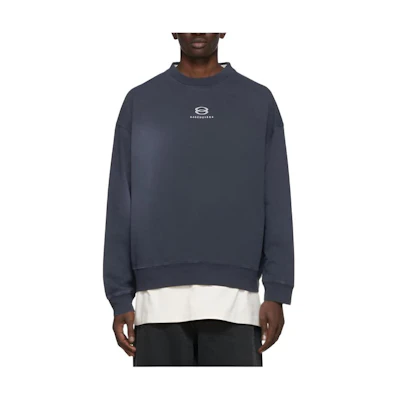Balenciaga SS22 Blue Washed Logo Embroidered Pullover Sweatshirt Mens 221342M204003