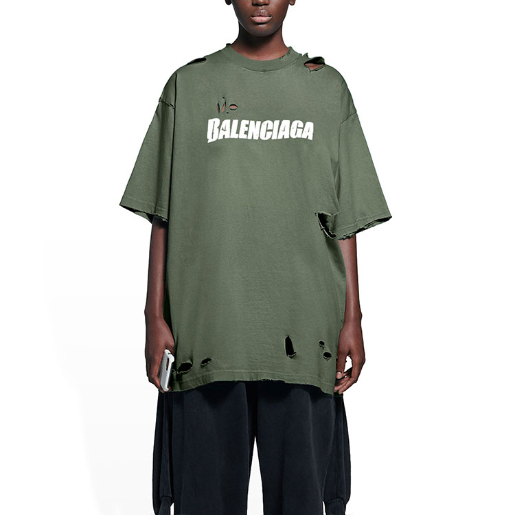 Shop 巴黎世家 SS22 破坏设计绿色宽松版型男女同款T恤. 651795TKVB83011