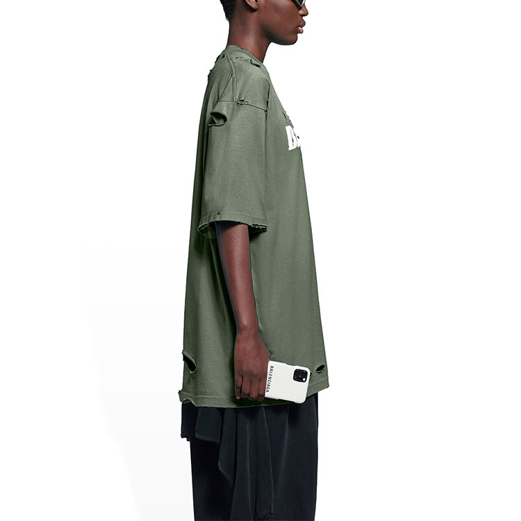 Details for 巴黎世家 SS22 破坏设计绿色宽松版型男女同款T恤. 651795TKVB83011