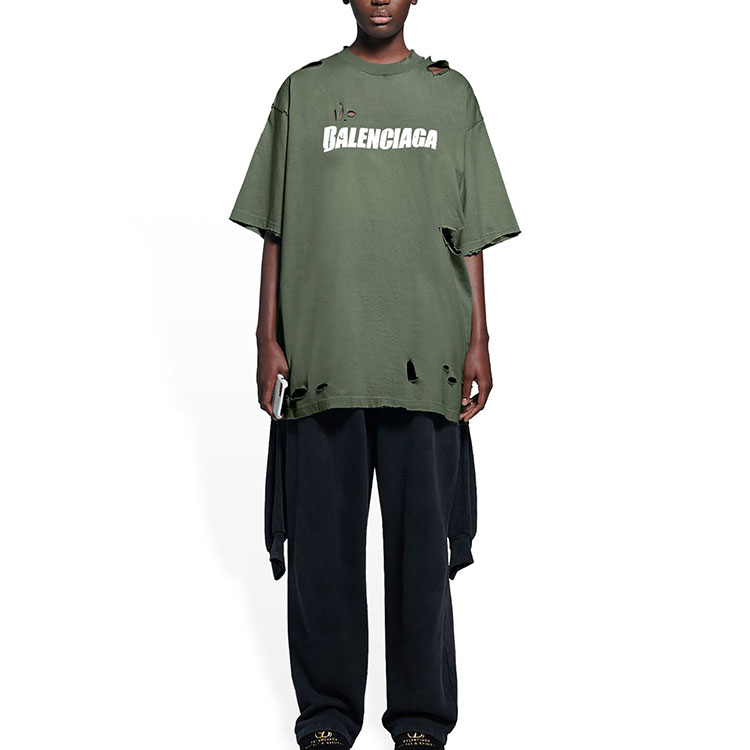 Sizing 巴黎世家 SS22 破坏设计绿色宽松版型男女同款T恤. 651795TKVB83011