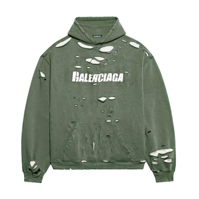 Balenciaga SS22 Destroyed Logo Print Hoodie Green Oversized Fit. 659403TKVB63011