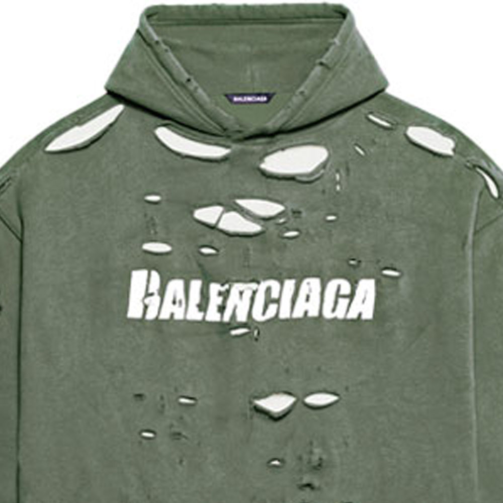 Sizing Balenciaga SS22 Destroyed Logo Print Hoodie Green  Oversized Fit. 659403TKVB63011