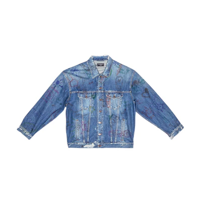 Balenciaga SS22 Graffiti Print Denim Jacket Blue 694503TBP484455