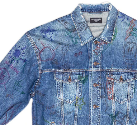 巴黎世家 SS22 涂鸦印花牛仔外套 蓝色 694503TBP484455 Cheap 巴黎世家 SS22 涂鸦印花牛仔外套 蓝色 694503TBP484455