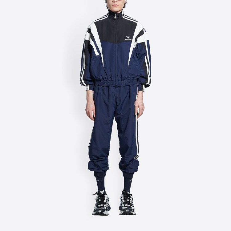 Shop Balenciaga SS22 標誌拼色直筒運動長褲 男款 海軍藍 681254TKO484063