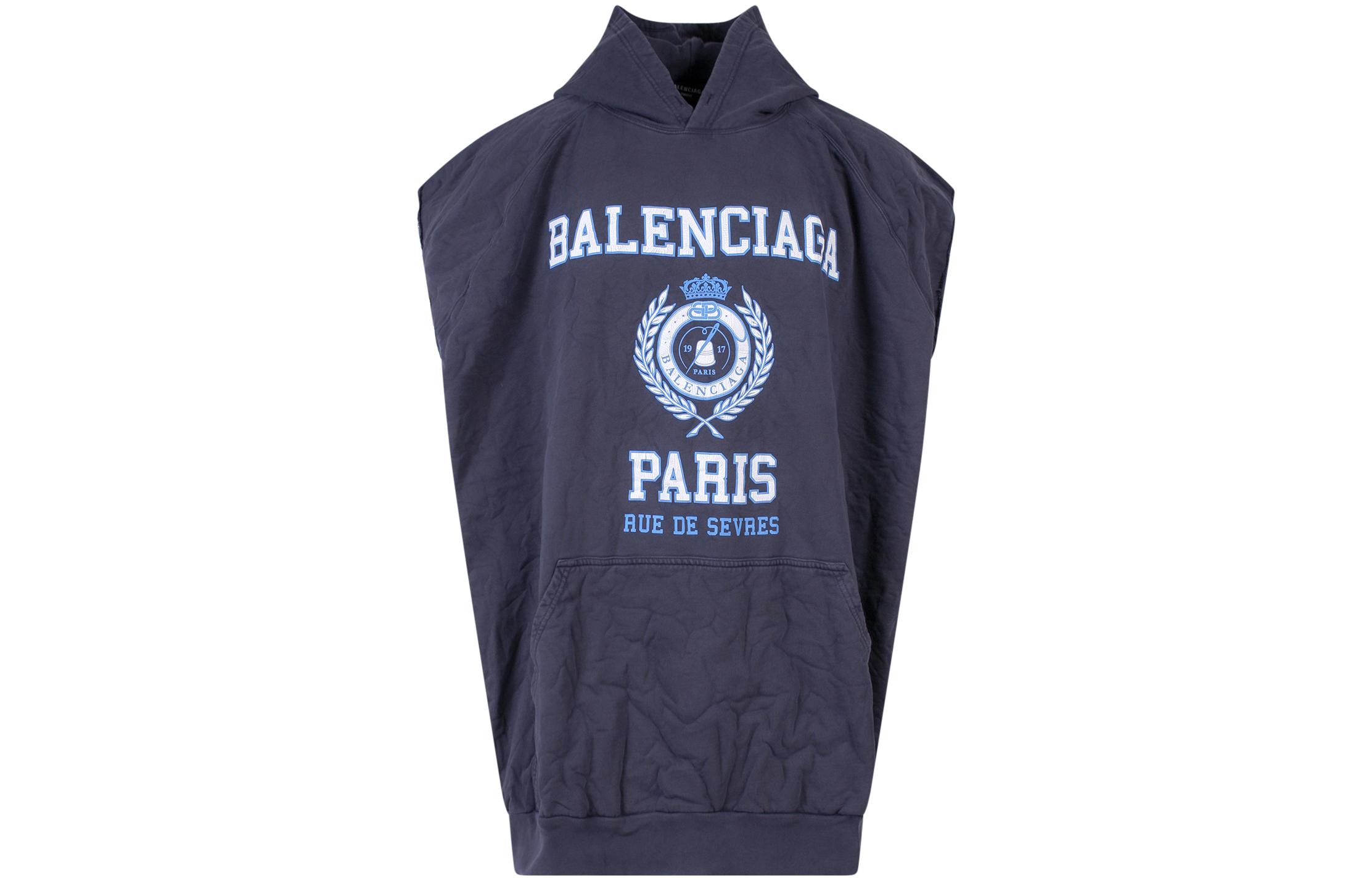 Balenciaga SS22 Logo Kangaroo Pocket Blue Short-Sleeve Hoodie for Men 697875TMV964140