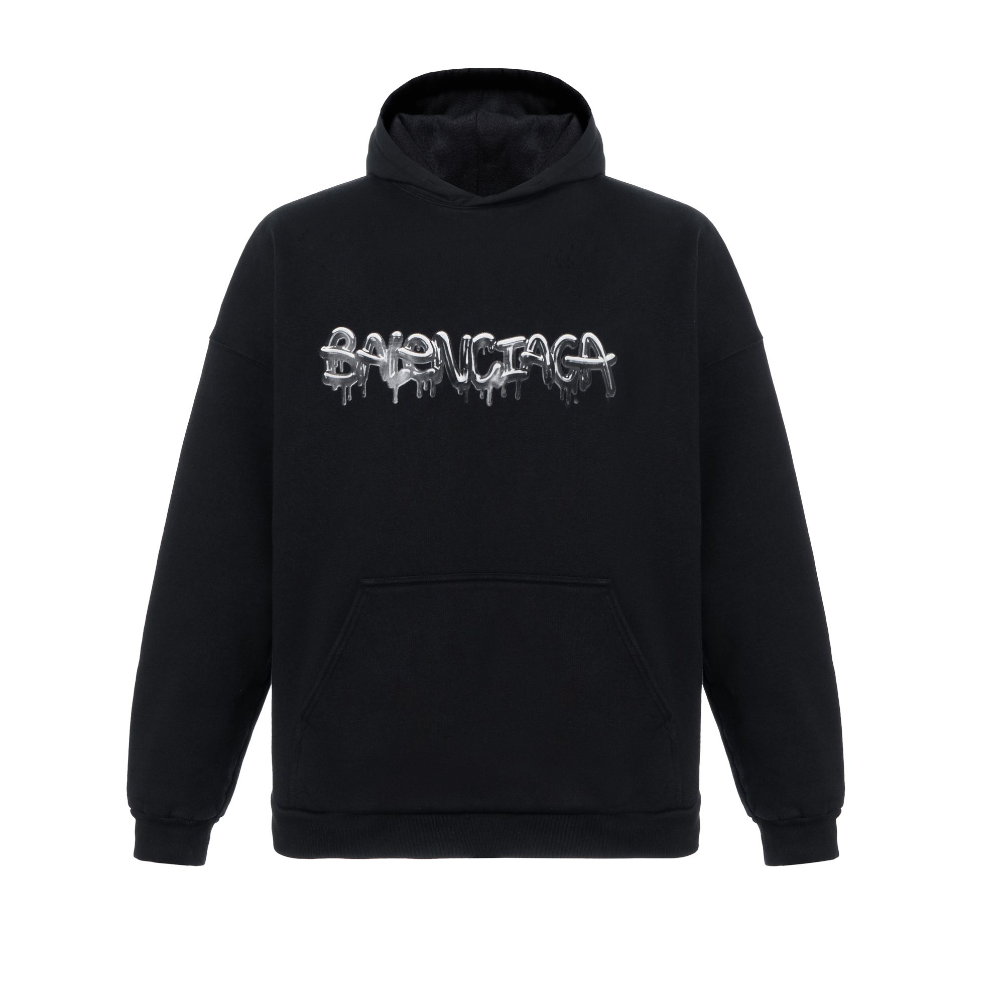 Balenciaga SS22 Logo Print Fleece Drawstring Hoodie Black Mens Loose Fit. 674986TLVF21069