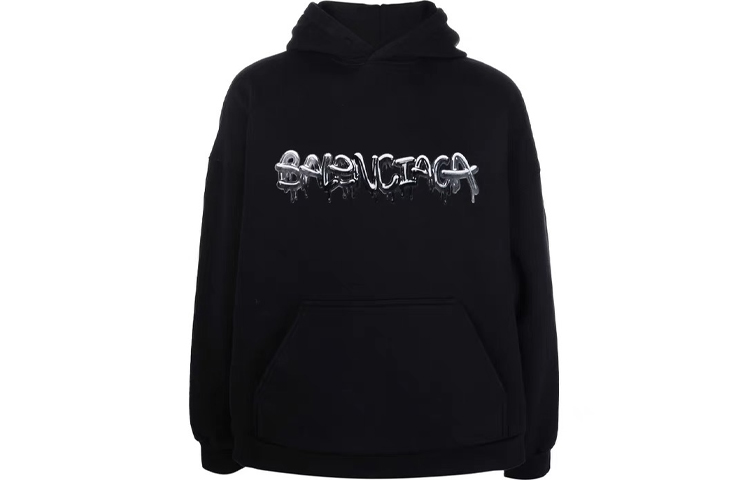 Order バレンシアガ SS22 ロゴプリント フリース ドローストリング フーディ ブラック メンズルーズフィット 674986TLVF21069