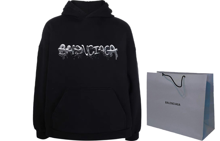 Shop バレンシアガ SS22 ロゴプリント フリース ドローストリング フーディ ブラック メンズルーズフィット 674986TLVF21069