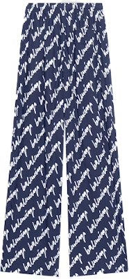 발렌시아가 SS22 로고 프린트 와이드 레그 미드라이즈 팬츠 블루 남성용. 681819TLLJ48502 Lookbook 발렌시아가 SS22 로고 프린트 와이드 레그 미드라이즈 팬츠 블루 남성용. 681819TLLJ48502