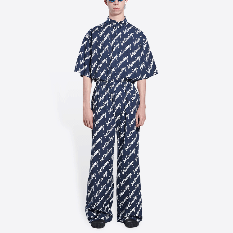 Shop 발렌시아가 SS22 로고 프린트 와이드 레그 미드라이즈 팬츠 블루 남성용. 681819TLLJ48502