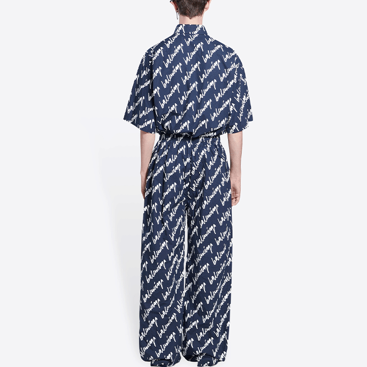 Purchase 발렌시아가 SS22 로고 프린트 와이드 레그 미드라이즈 팬츠 블루 남성용. 681819TLLJ48502