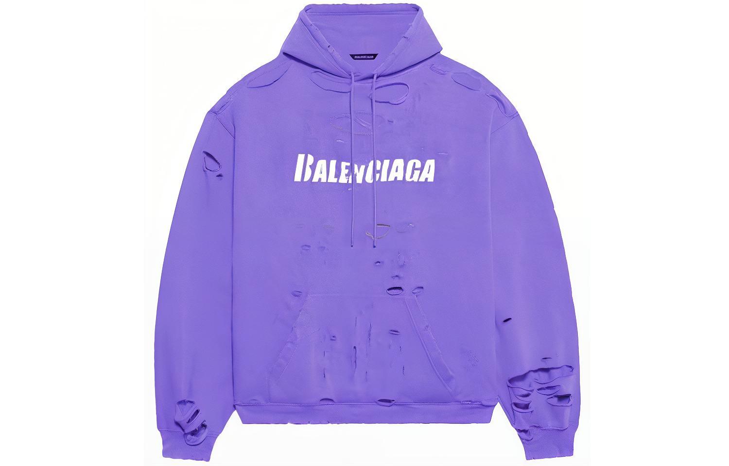 Balenciaga SS22 Purple Hoodie with Letter Print, Drawstring & Distressed Finish. 659403TKVB63078
