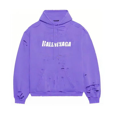 Balenciaga SS22 Purple Hoodie with Letter Print, Drawstring & Distressed Finish. 659403TKVB63078