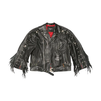 Balenciaga SS22 Red Carpet Fringe Detachable Long Sleeve Leather Jacket Black Mens 697789TMS071000