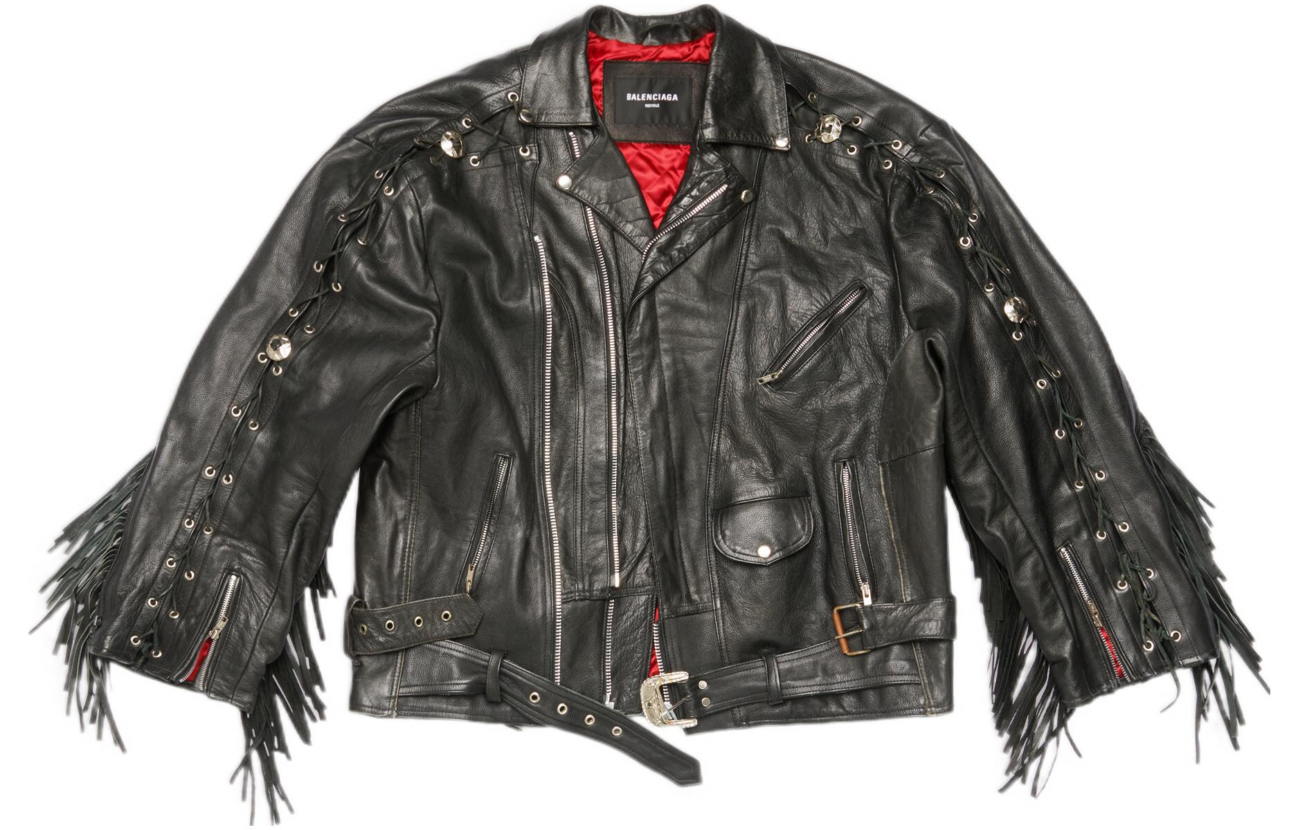 Order Balenciaga SS22 Red Carpet Fringe Detachable Long Sleeve Leather Jacket Black Mens 697789TMS071000