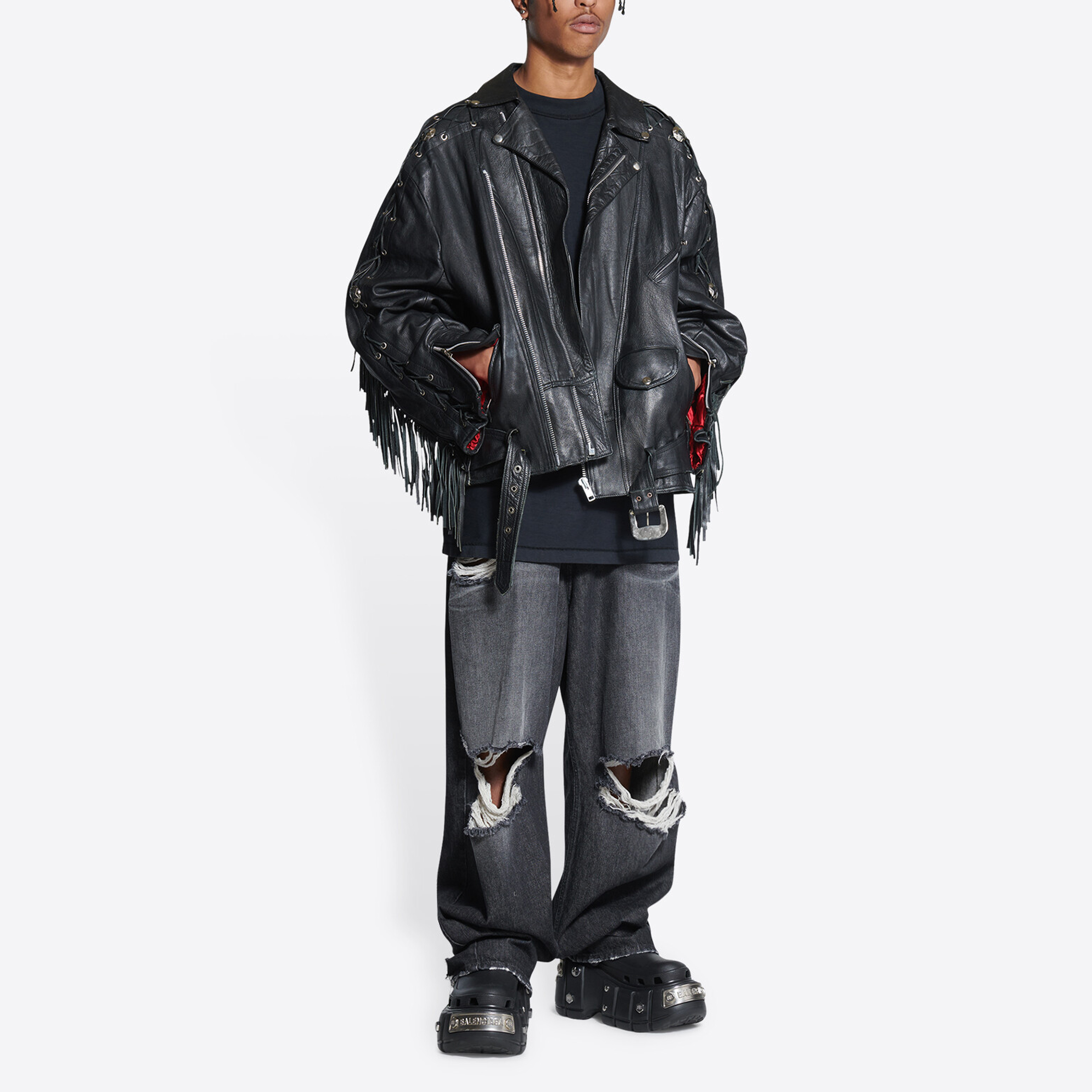 Shop Balenciaga SS22 Red Carpet Fringe Detachable Long Sleeve Leather Jacket Black Mens 697789TMS071000