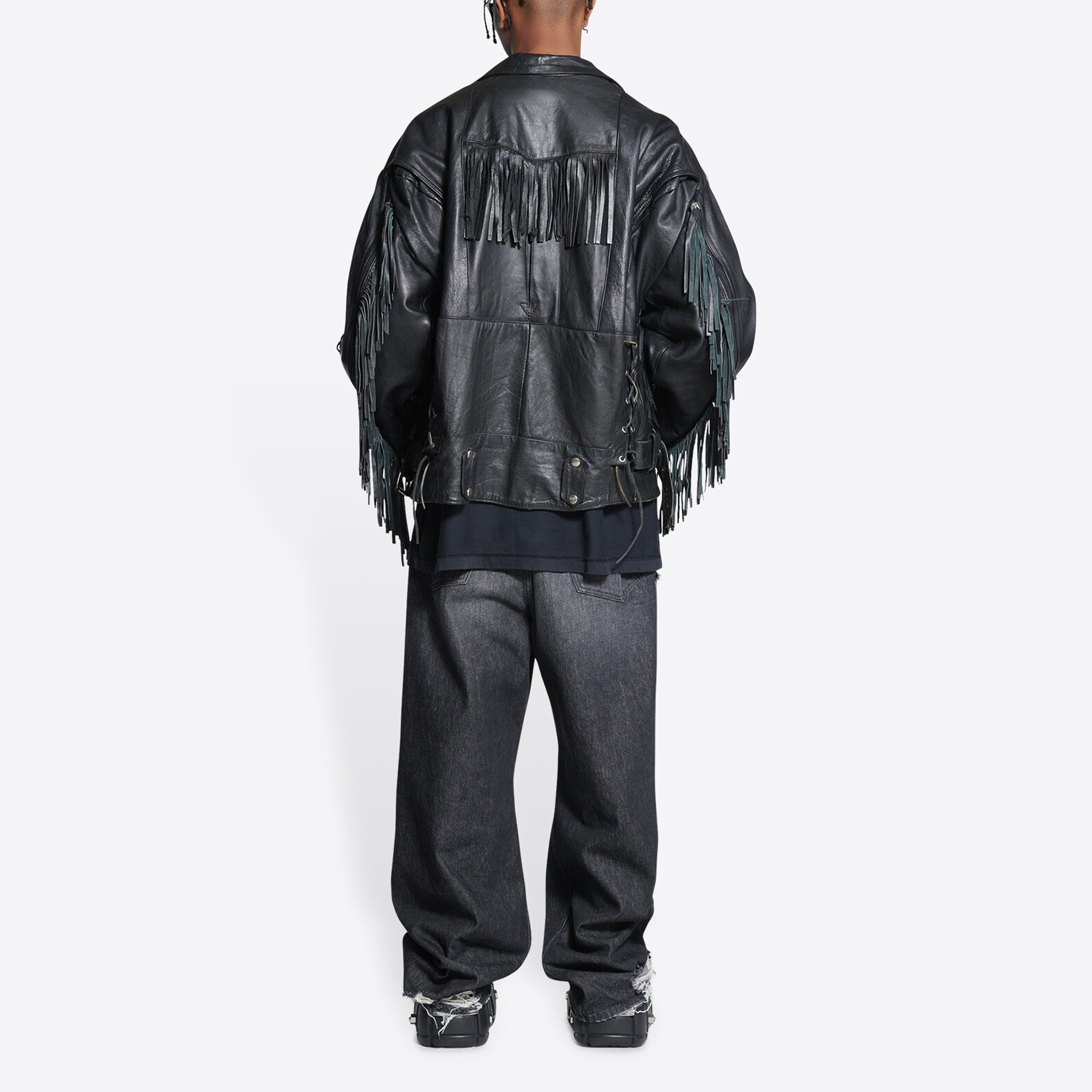 Purchase Balenciaga SS22 Red Carpet Fringe Detachable Long Sleeve Leather Jacket Black Mens 697789TMS071000