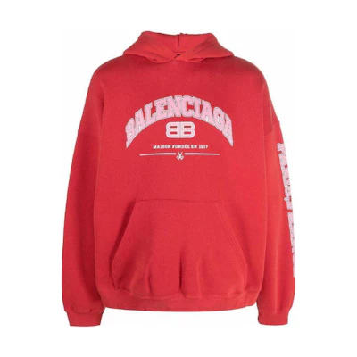 Balenciaga SS22 Red Distressed Hoodie with Logo Print for Men 221342M202002