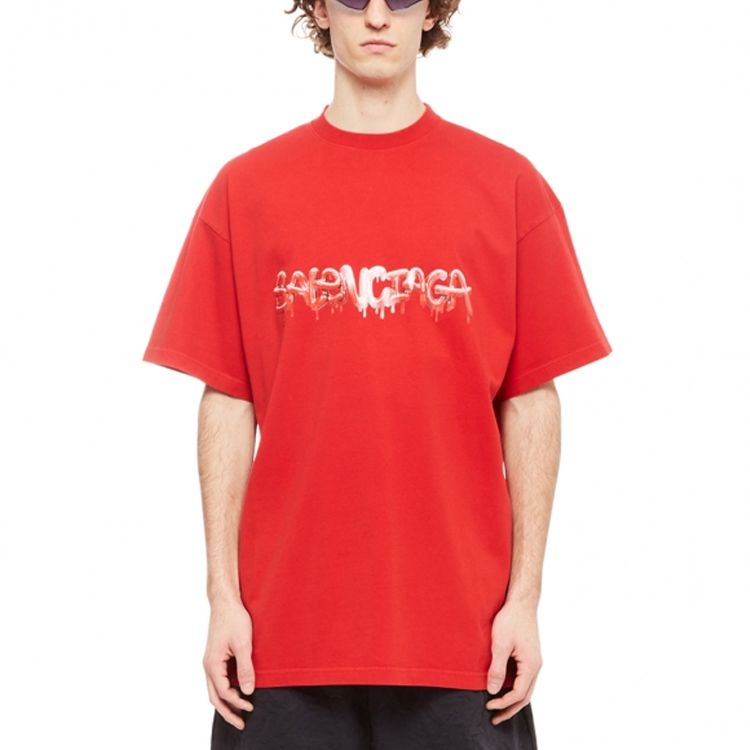 Shop Balenciaga SS22 Red Logo Print Crewneck Loose Fit T-Shirt for Men 676589TLVF16407