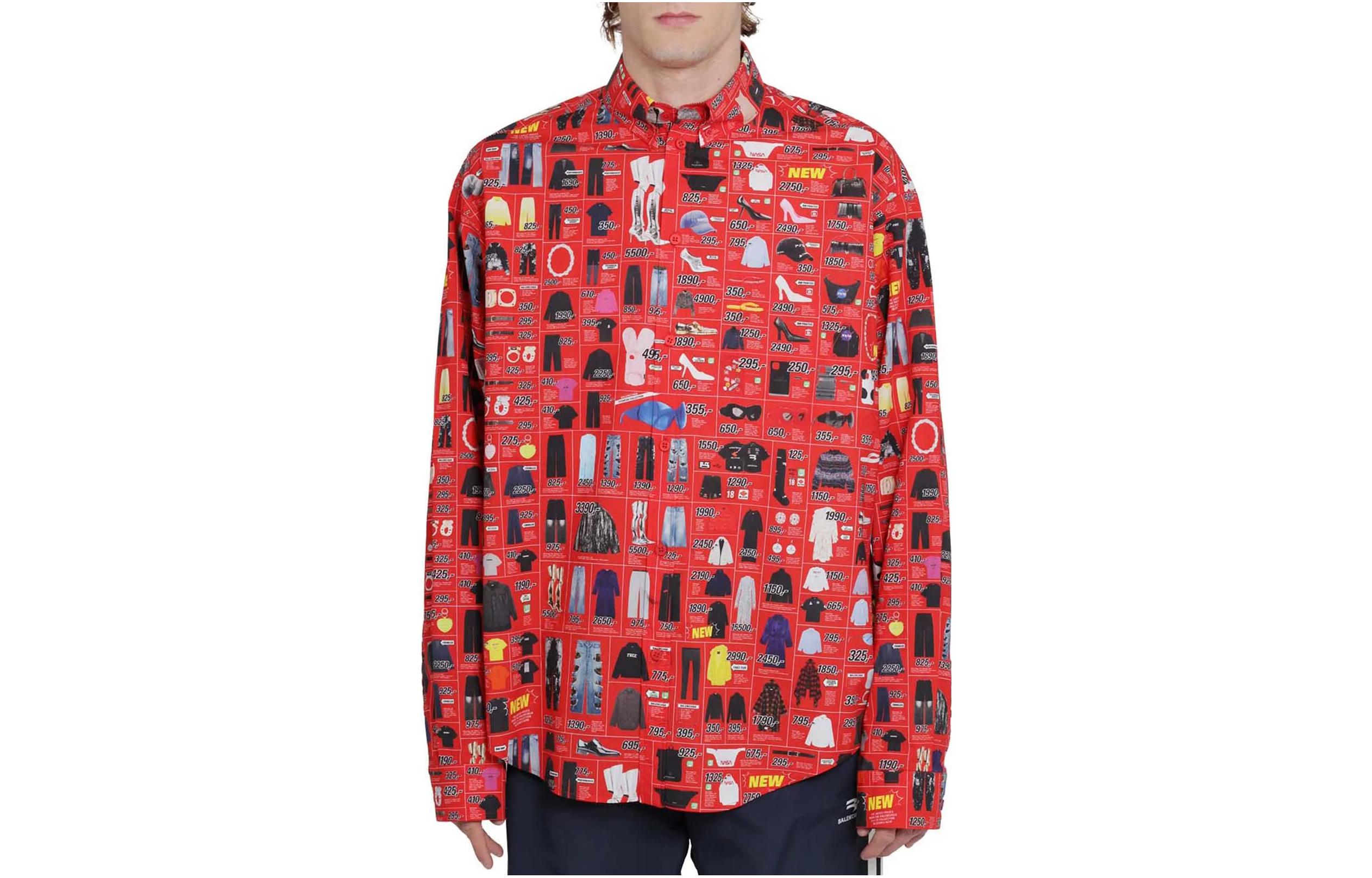 Balenciaga SS22 Red Printed Cotton Long Sleeve Shirt Regular Fit 662983TLL026400