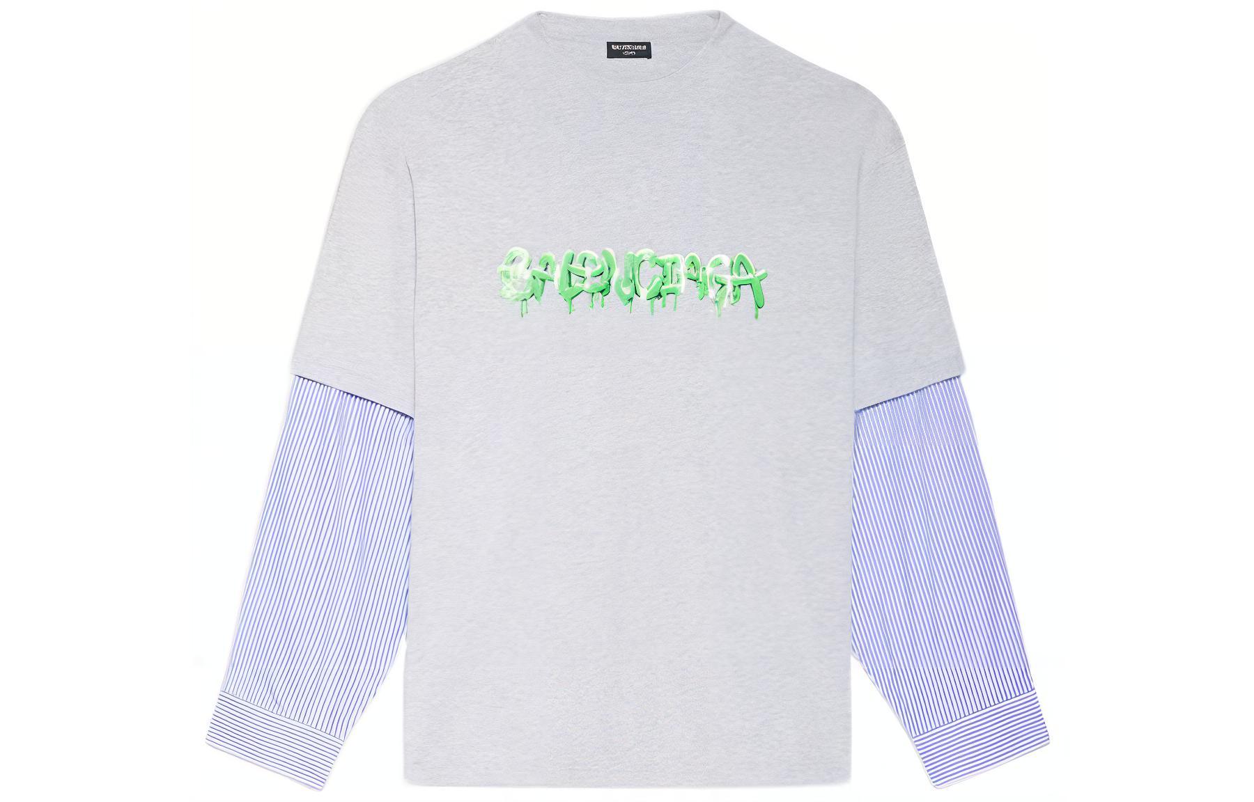 Balenciaga SS22 Slime Stripe Logo Long Sleeve T-Shirt Grey  Casual Tee. 671401TLVF11203