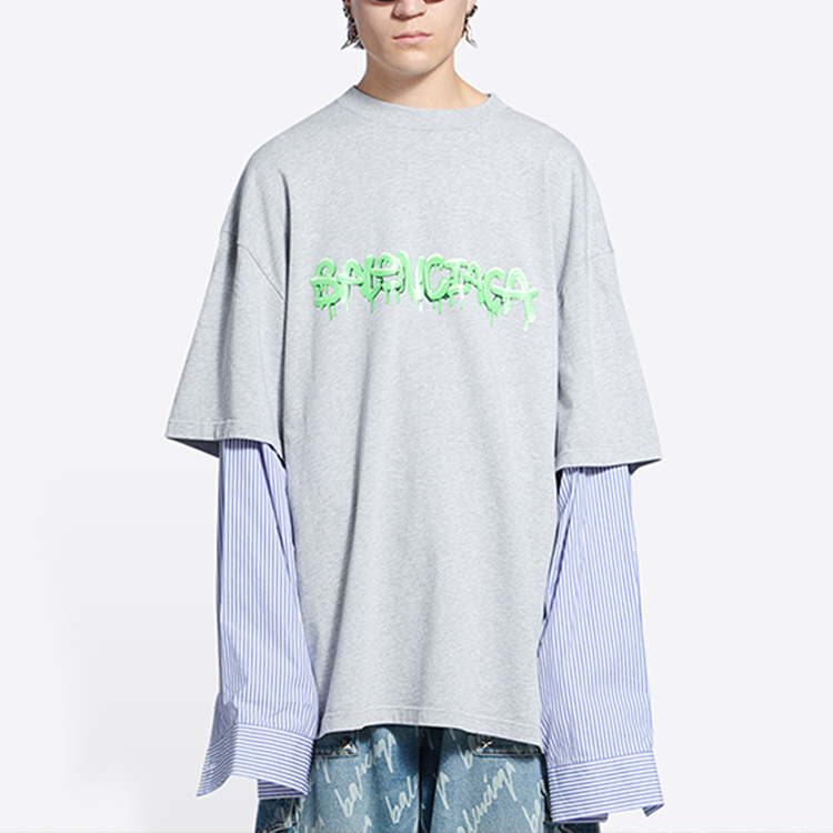 Details for バレンシアガ SS22 スライムストライプロゴ 長袖Tシャツ グレー カジュアルTEE 671401TLVF11203