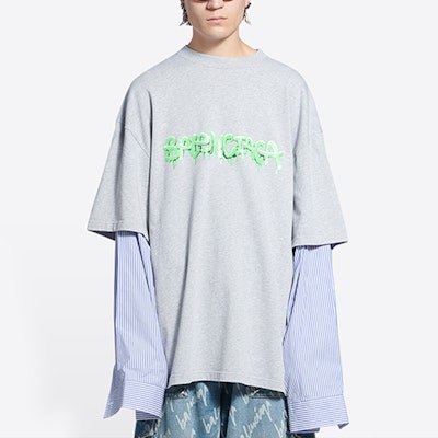 Balenciaga SS22 Slime Stripe Logo Lengan Panjang Abu-Abu Kaos Kasual. 671401TLVF11203 Details for Balenciaga SS22 Slime Stripe Logo Lengan Panjang Abu-Abu Kaos Kasual. 671401TLVF11203